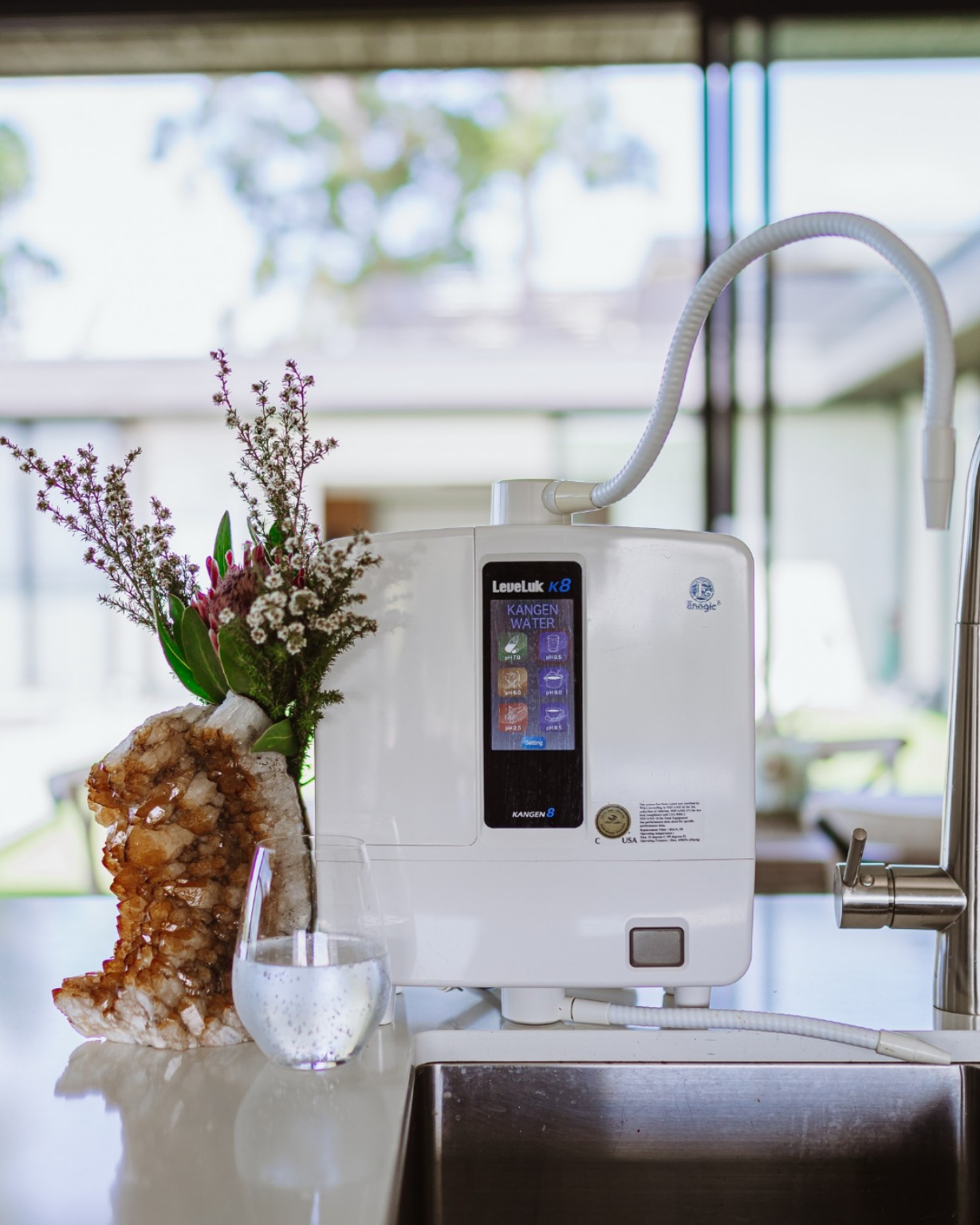 Leveluk K8 water ioniser installed beside a kitchen sink